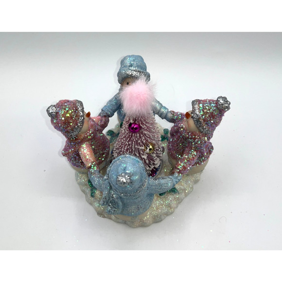 Vintage Four Pastel Pink Blue Snowmen & Pink Bottle Brush Tree Faux Fur OMG OOAK - Picture 8 of 16